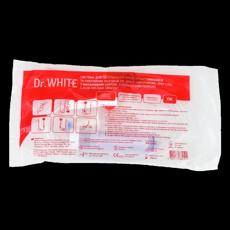 Система для переливання крові, кровозамінників та інфузійних розчинів Dr. White одноразова, Луер Сліп, з металевим шипом, з ін’єкційною голкою 1,2x38 мм 18G